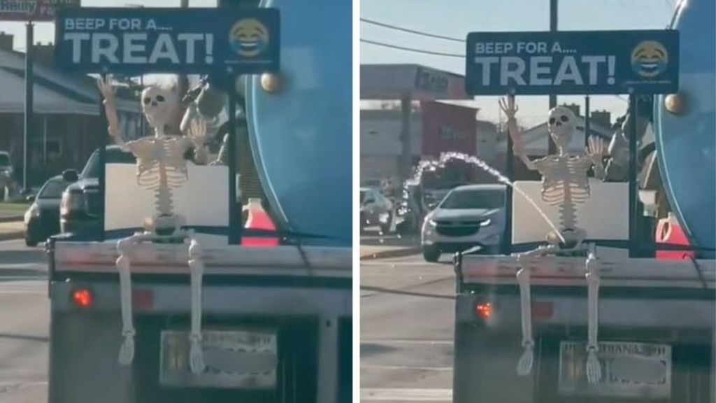 Images show a plastic skeleton mounted on a truck that does a trick when people beep at it.