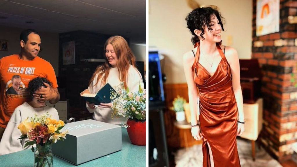 Left image shows Megan setting up to aske her future stepdaughter to be her maid of honor. Right image shows Kairi modeling the MOH dress.