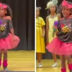 Images show 2nd grader Samora singing a Whitney Houston song at a grade school performance.