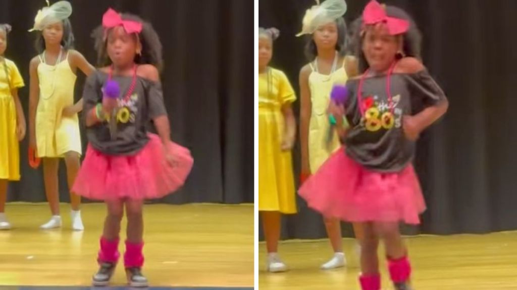 Images show 2nd grader Samora singing a Whitney Houston song at a grade school performance.