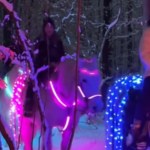 Two people ride horses at night. Each horse is draped in neon lights. The ground and surrounding trees are covered in snow